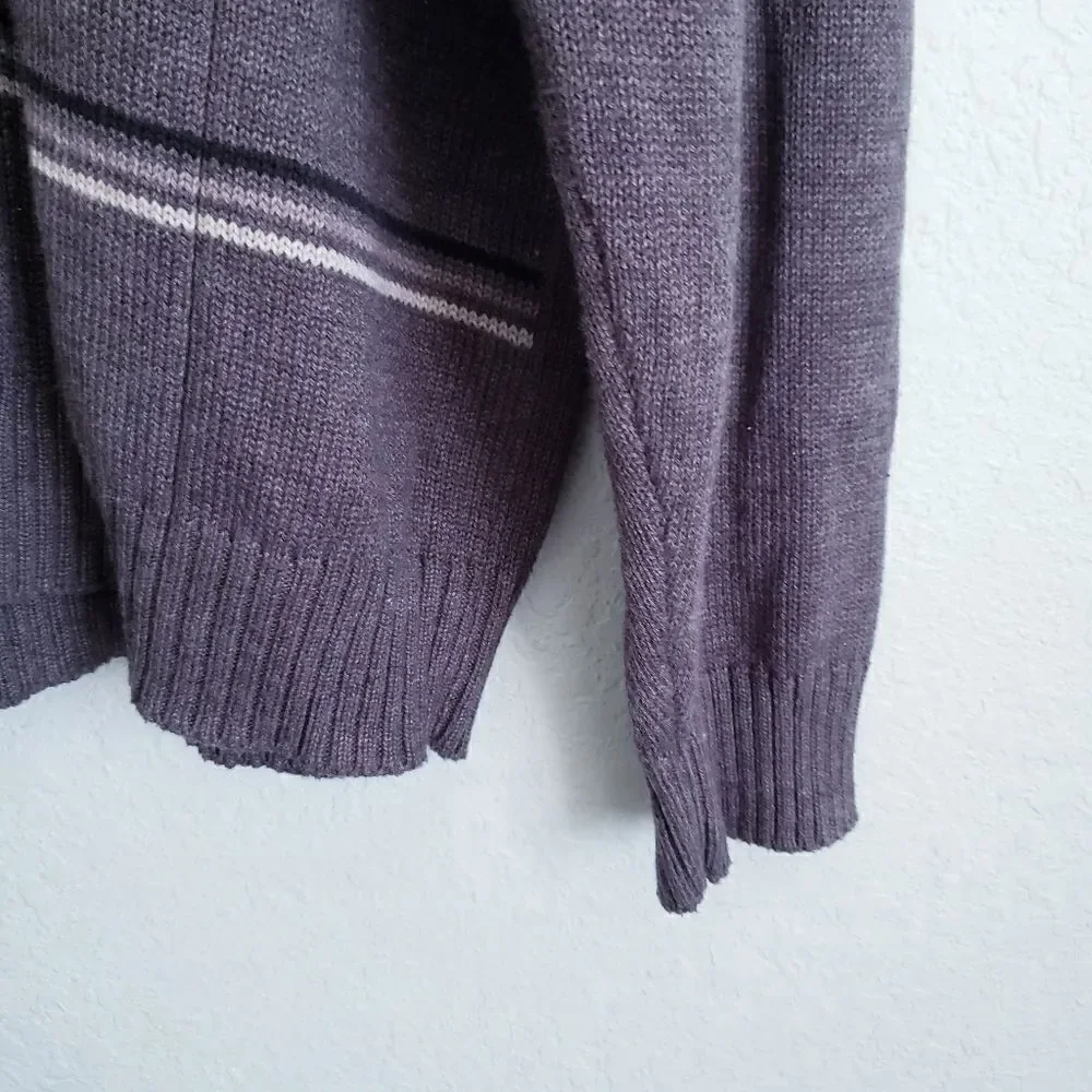 Oscar De La Renta Gray Stripped Quarter Zip Pullover Cotton Sweater
